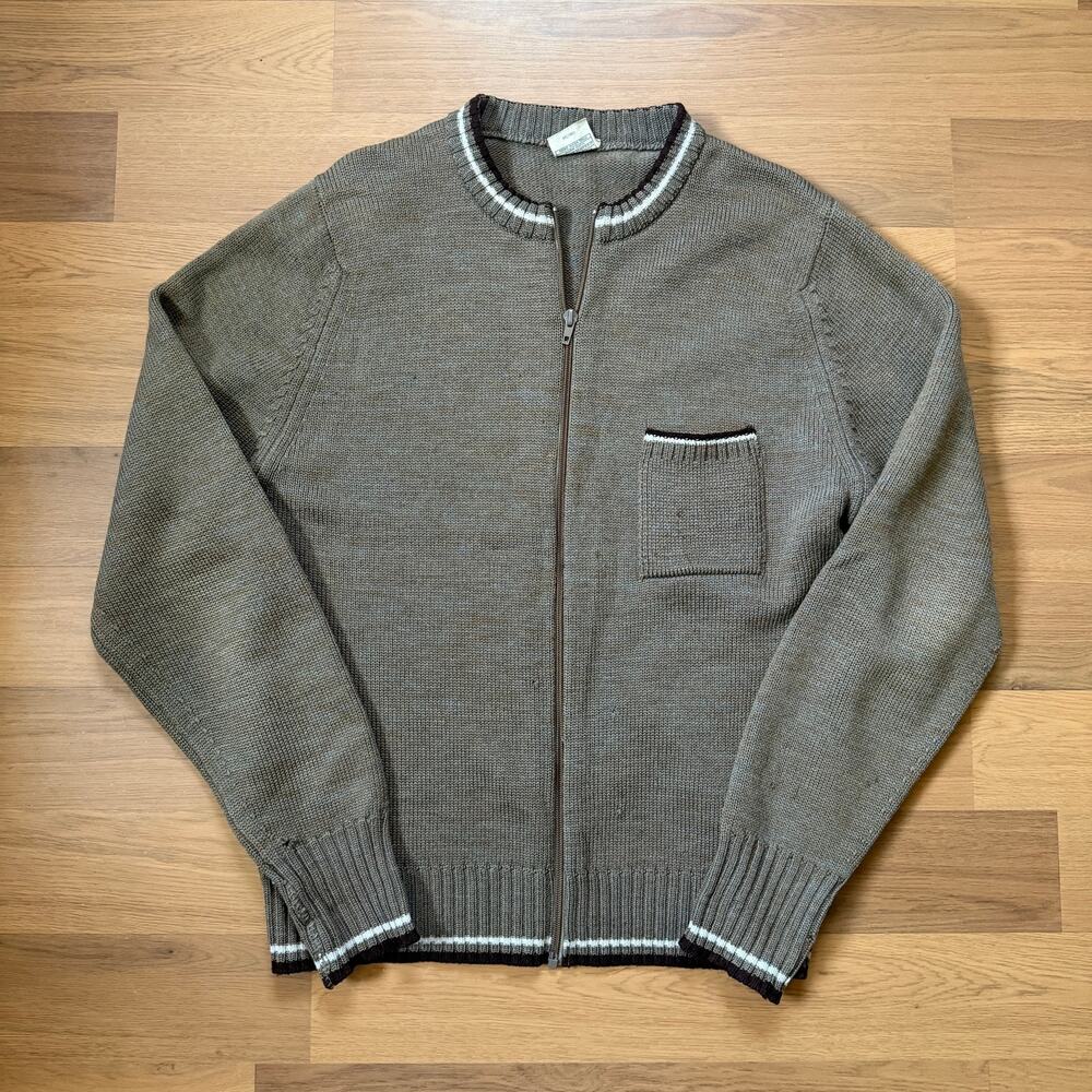 Men's Vintage St. Michael Brown All Wool Full Zip Pocket Sweater Sz 40 Medium